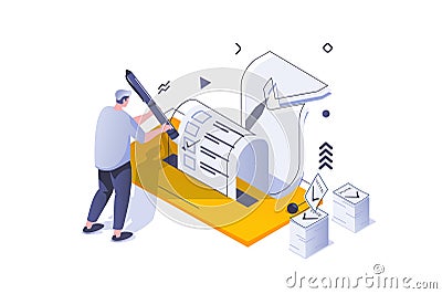 Election and voting concept in 3d isometric design. Man voter chooses his political candidate and put tick on ballot in polling Vector Illustration