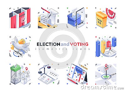Election and Voting isometric icons set. Polling stations Vector Illustration