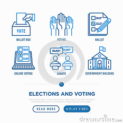 Election and voting thin line icons set: voters, ballot box, debate, online voting, government building. Vector illustration Vector Illustration