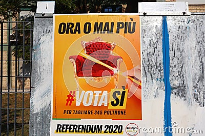 Election wall posters for Italian Costitutional Referendum on september 20-21, 2020 concerning the reduction of the number of parl Editorial Stock Photo