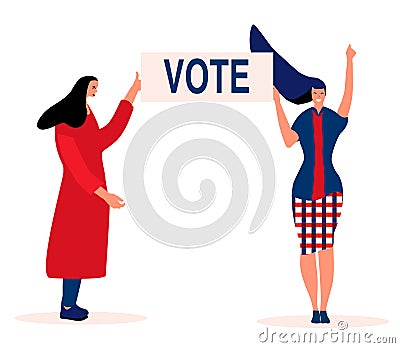 Elections day in USA or other country.Two young women are voting and polling.Patriotism, civic duty. Vector illustration with ball Vector Illustration