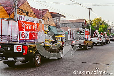 Electoral convoy of Phuea Thai Party is campaigning for election Editorial Stock Photo