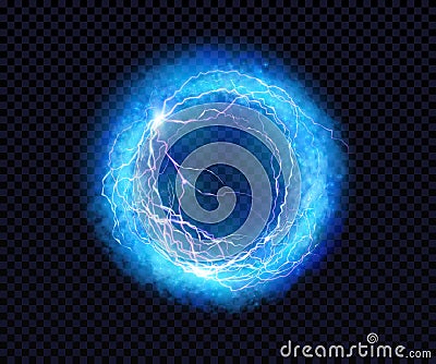 Electric ball. Lightning circle. Thunderbolt. Vector electric discharge effect. The light sphere in blue and purple Vector Illustration
