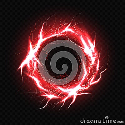 Electric ball, lightning plasma sphere, circle strike impact place in red color with lens flare effect isolated on black Vector Illustration