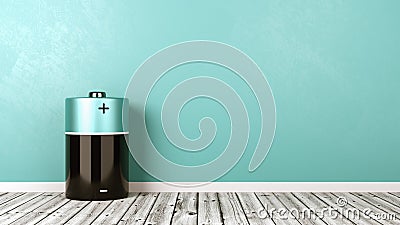 Electric Battery on Wooden Floor Against Wall Stock Photo