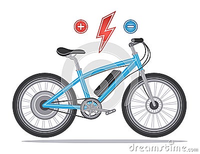 Electric bike with electrical motor wheel. E-bike, hybrid bicycle with electro engine, energy accumulator battery. Flat vector Vector Illustration