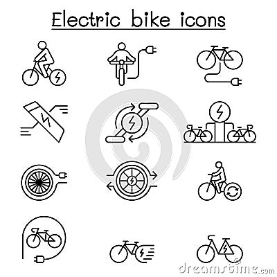 Electric bike icon set in thin line style Vector Illustration