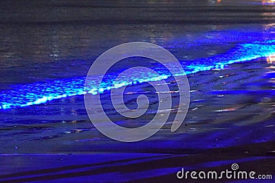 Electric Blue Glow on Pacific Coast Waves or Red Tide Stock Photo