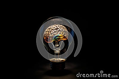 A brain-shaped light bulb glowing with bright light represents the power of the human mind Stock Photo