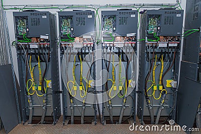 Electric cable wires of fuse switch box. Cabling connection of high voltage power electric line in industrial Stock Photo
