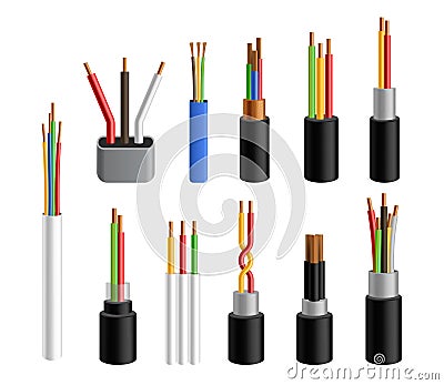 Electric cables. Realistic copper wires. 3D electricity conductors set. Industrial bundles of intertwined power cords Vector Illustration