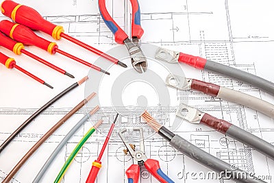 The electric cables screwdrivers, wire cutters Stock Photo