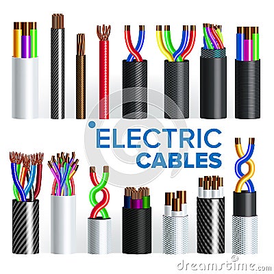Electric Cables Set Vector. Copper Wire. Electrician Rubber Cord. Industrial Network Power. Electricity Energy Vector Illustration