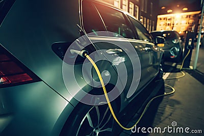 Electric car charging battery in public charger station on night street in Netherlands Stock Photo