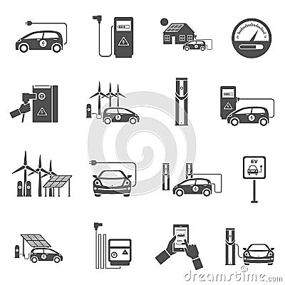 Electric Car Charging Black Icons Set Vector Illustration