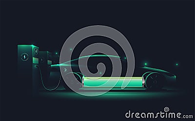 Electric car charging at charge station. Electromobility e-motion concept. Electro car silhouette. Realistic vector illustration Cartoon Illustration