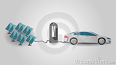 Electric Car Charging at the Charger Station Using Rrenewable Energy. Electromobility e-motion and renewable energy Vector Illustration