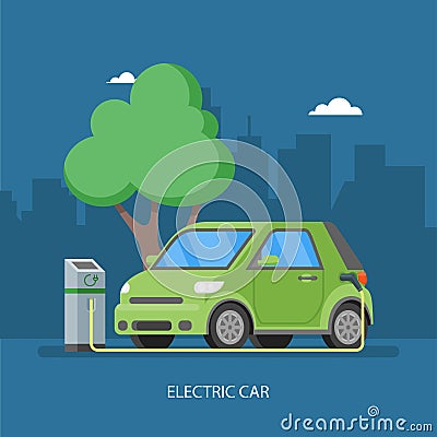 Electric car charging at the charger station. Vector illustration in flat style. Vector Illustration