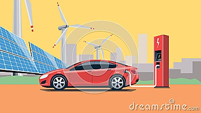 Electric Car Charging at the Charging Station Vector Illustration