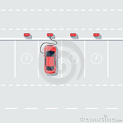 Electric Car Charging at the Charging Station on the Street Vector Illustration