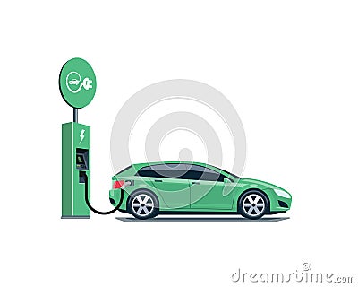Electric Car Charging at the Charging Station on White Background Vector Illustration