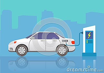Electric car charging city station.Green eco technology electricity. Vector Illustration