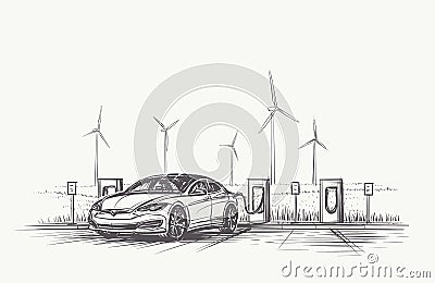 Electric Car charging hand drawn illustration. Vector, eps10. Vector Illustration