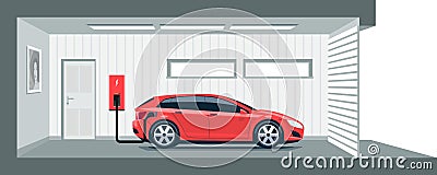 Electric Car Charging at Home in Garage Vector Illustration