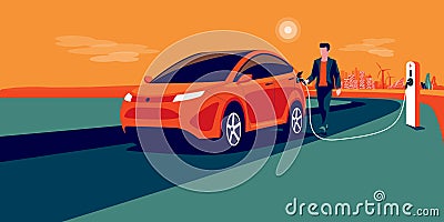 Electric Car Charging with Man Holding Charger Plug from Station with City Skyline Vector Illustration