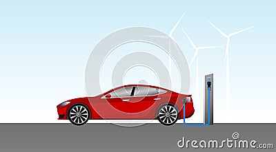 Electric car charging on parking station. Vector Illustration