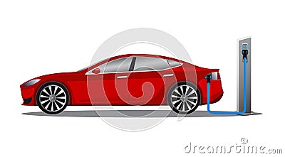 Electric car charging on parking station. Vector Illustration