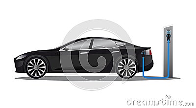 Electric car charging on parking station. Vector Illustration