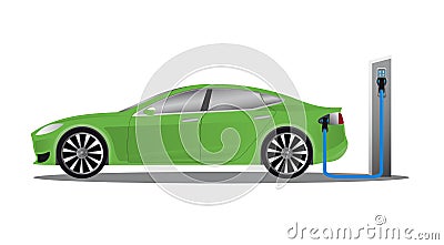 Electric car charging on parking station. Vector Illustration