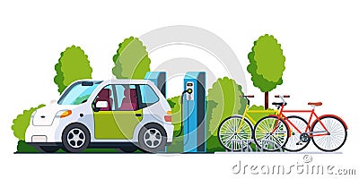 Electric car charging at refuelling power station Vector Illustration
