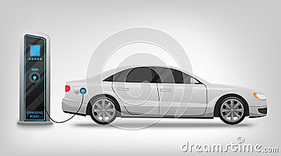 Electric car charging station and banner isolated on white background Vector Illustration