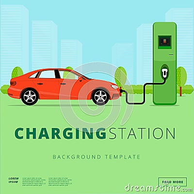 Electric car charging station concept. EV recharging point or EVSE. Plug-in vehicle getting energy from battery supply. Vector Illustration