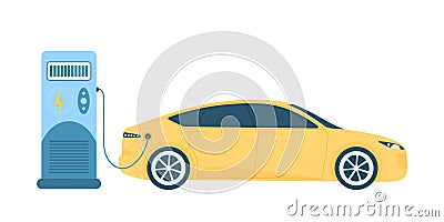 Electric car charging station, EV vehicle recharges battery through cable and plug Vector Illustration