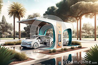 electric car charging station at futuristic park, with greenery and water features Stock Photo