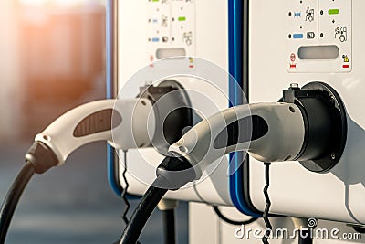 Electric car charging station. Plug for vehicle with electric motor. Coin-operated charging station. Clean energy power. Stock Photo