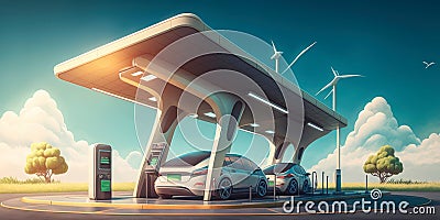 Electric car charging station with solar panels in the background Generative AI Stock Photo