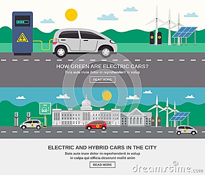 Electric Car City 2 Flat Banners Vector Illustration