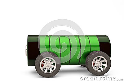 Electric car concept battery on wheels with charge level on a w Cartoon Illustration