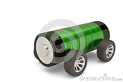 Electric car concept battery on wheels with charge level on a w Cartoon Illustration
