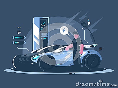 Electric car and driver near auto Vector Illustration