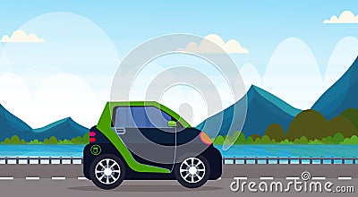 Electric car driving highway road eco friendly vehicle clean transport environment care concept beautiful mountains Vector Illustration