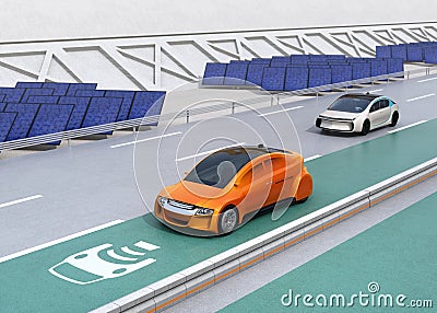 Electric car driving on the wireless charging lane of the highway Stock Photo