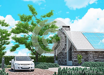 Electric car with ecologic house, render Stock Photo