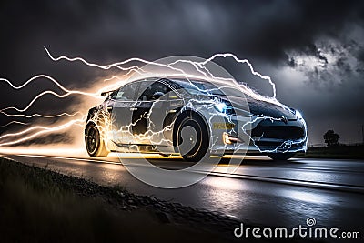 Electric car energy fast. neon glow-in-the-dark electric car at high speed running concept ai generation Stock Photo