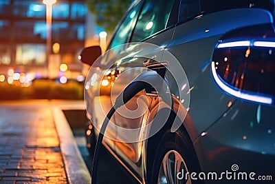 Electric car or EV car charging in station, night time in the city Stock Photo