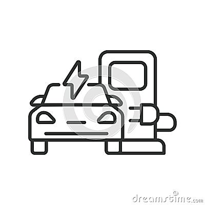 Electric car on EV station line icon. EV charging station. Electric vehicle charging station icon. Editable stroke Vector Illustration